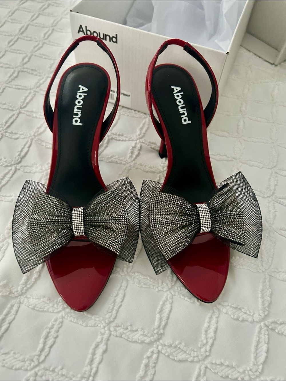 Abound Red Patent Slingback Heels with Black Mesh Bow